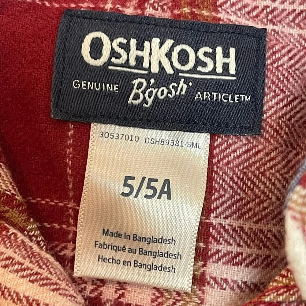 New OSHKOSH B'GOSH Kid's Cozy Flannel Button-Front Checked Shirt in Red size 5.